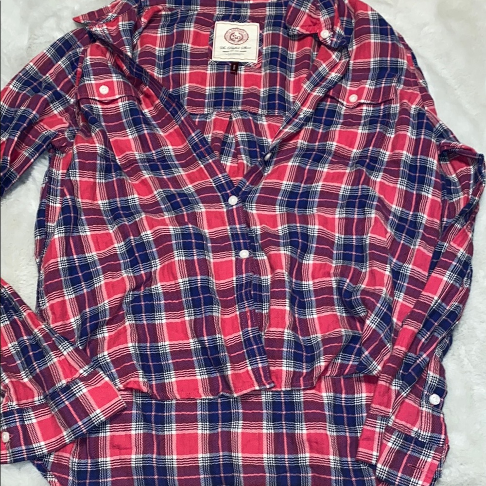 So Athletic American Heritage Red Pink and Blue Plaid Button-Up Shirt - Picture 1 of 6